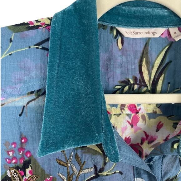 Soft Surroundings Sequins Embroidered Floral Top Roll Tab Sleeves Boho Sz Medium - Picture 12 of 16